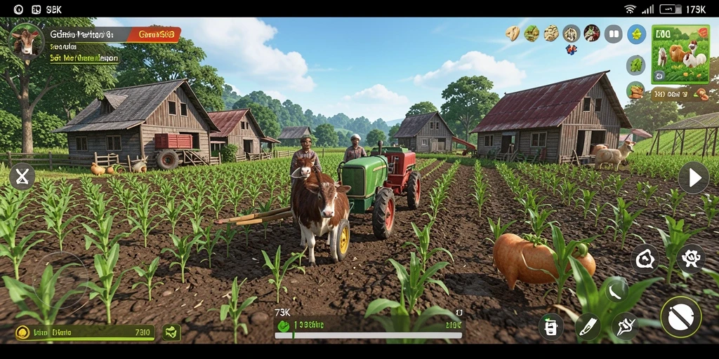 Tampilan gameplay 73K dengan kebun yang subur dan hewan ternak.