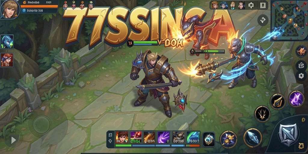 Screenshot dari gameplay seru 77SINGA di arena MOBA.