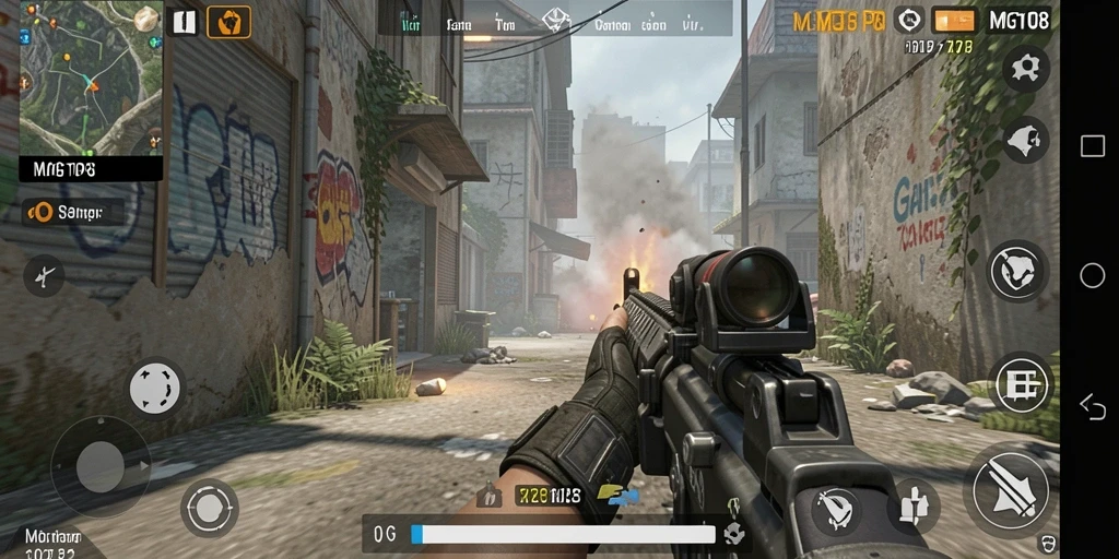 Screenshot gameplay MG108 menampilkan aksi tembak-menembak yang mendebarkan.